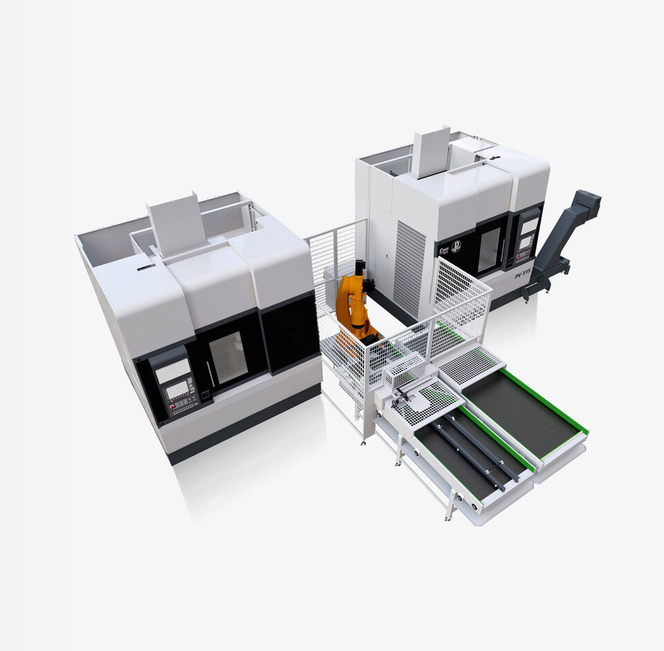 Übersicht einer modularen PITTLER Maschinenanlage mit verbundenen Bearbeitungs- und Automatisierungseinheiten.