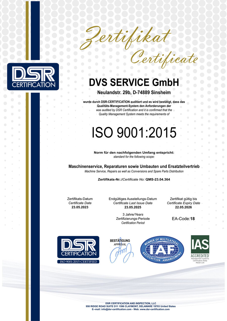 DVS Service ist zertifiziert nach ISO 9001:2015