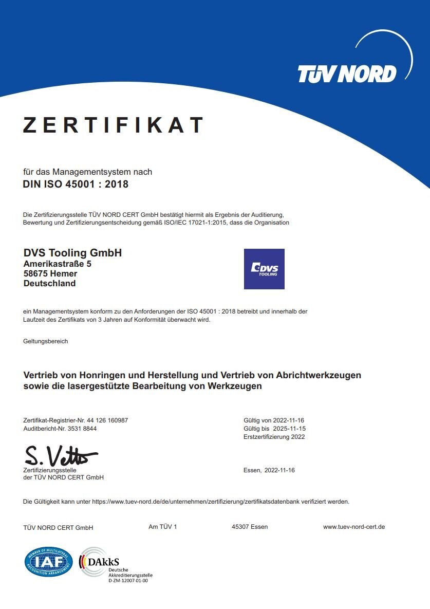 DVS Tooling ist zertifiziert nach DIN EN ISO 45001