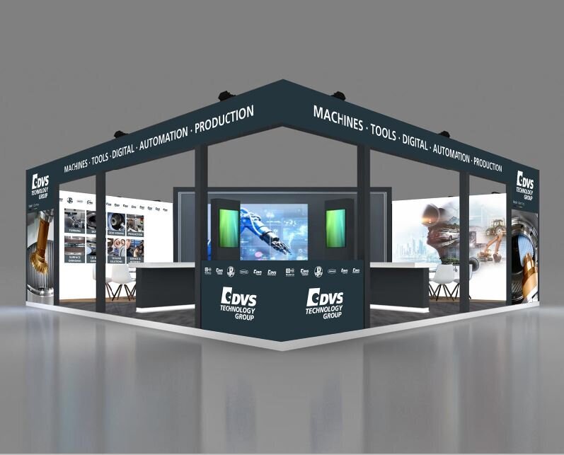 The exhibition stand of DVS Technology Group at IMTEX 2023 in Bengalore, India