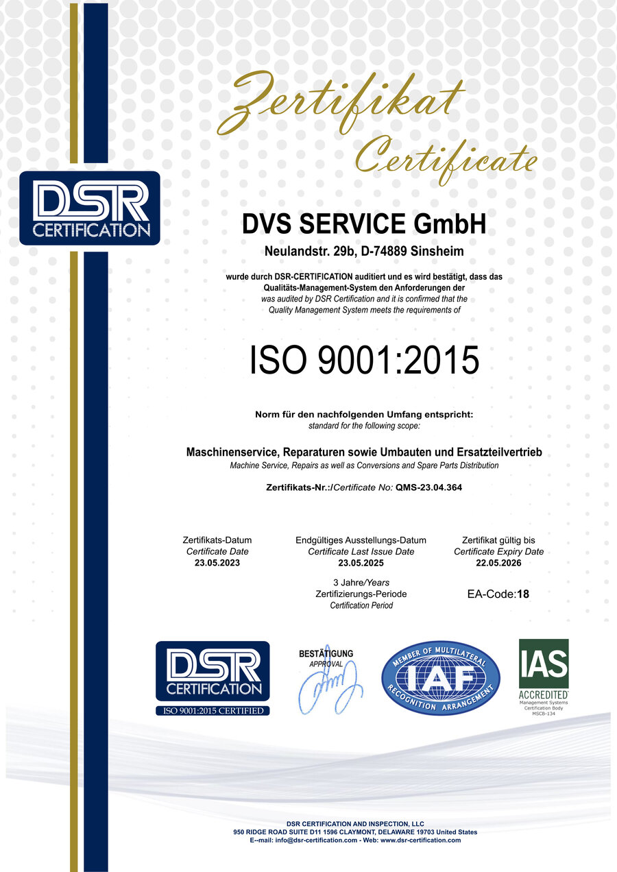 DVS Service is certified according to ISO 9001:2015