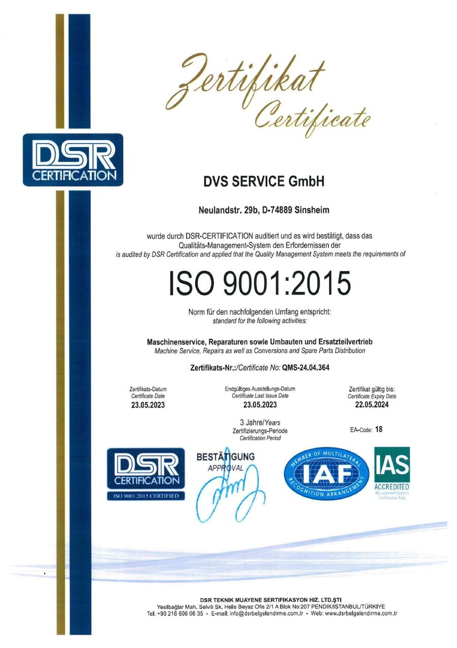 DVS Service ist zertifiziert nach ISO 9001:2015