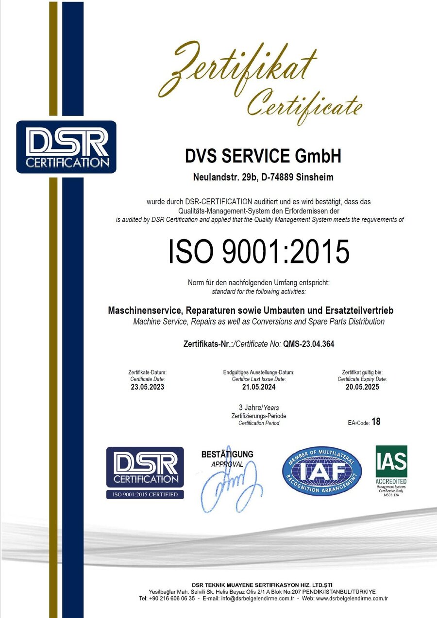 DVS Service ist zertifiziert nach ISO 9001:2015